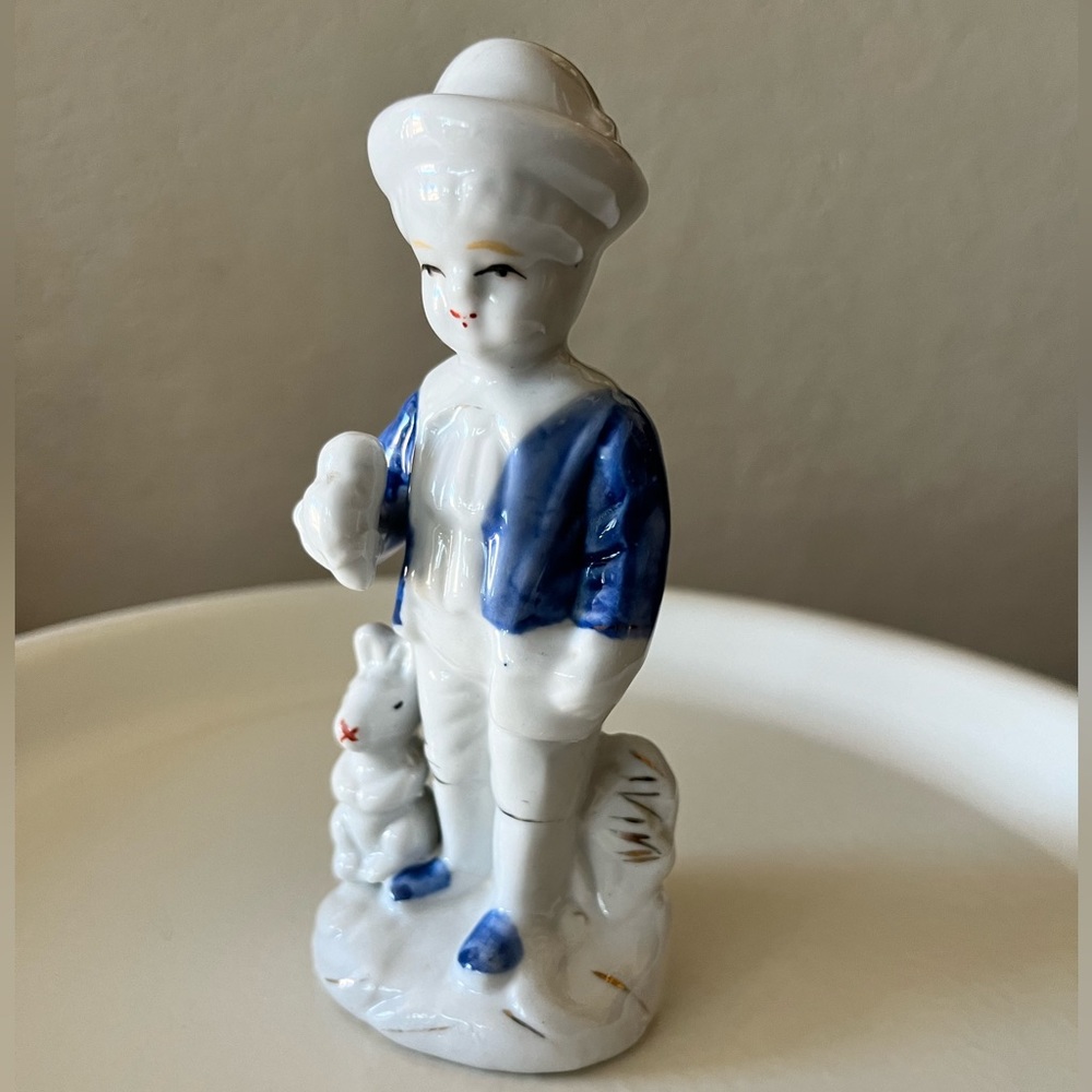 Vintage Blue & White Porcelain Boy with Rabbit Figurine Hand Painted